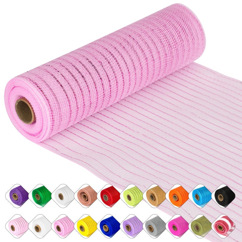 ICOSHOW Deco Mesh Ribbon - 10inch x 30 feet Each Roll Metallic Foil Mesh Ribbon for Christmas, Valentine's Easter Wreath and Home Decorating (Pink) - Image 1