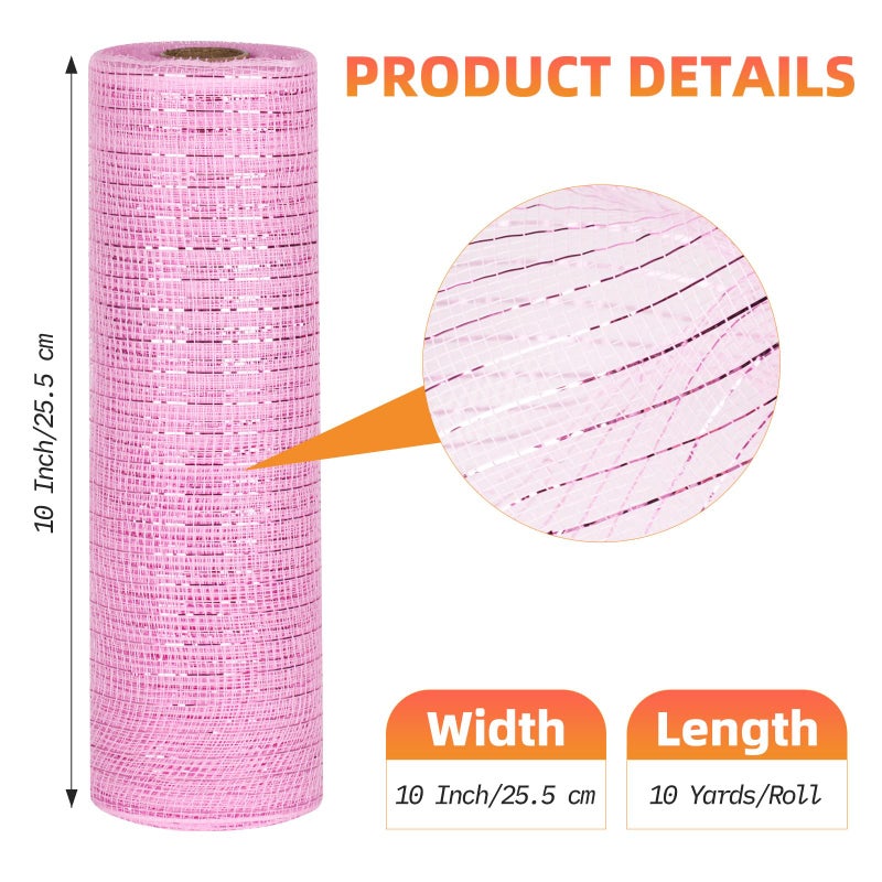 ICOSHOW Deco Mesh Ribbon - 10inch x 30 feet Each Roll Metallic Foil Mesh Ribbon for Christmas, Valentine's Easter Wreath and Home Decorating (Pink) - Image 2