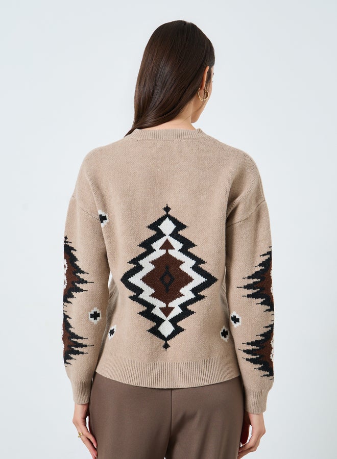 Take Two Beige Tribal Pattern Knit Sweater - Image 5