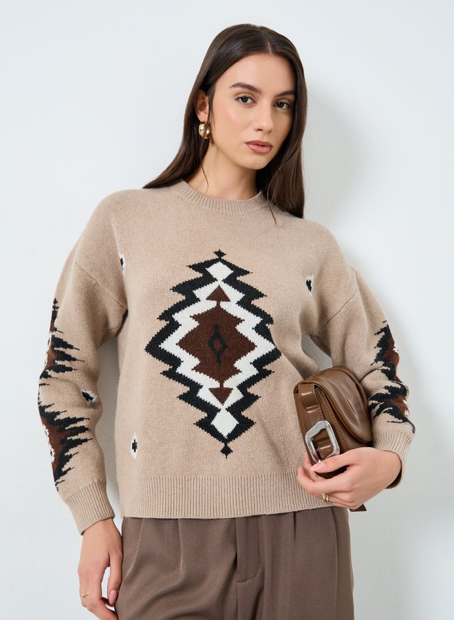 Take Two Beige Tribal Pattern Knit Sweater - Image 3