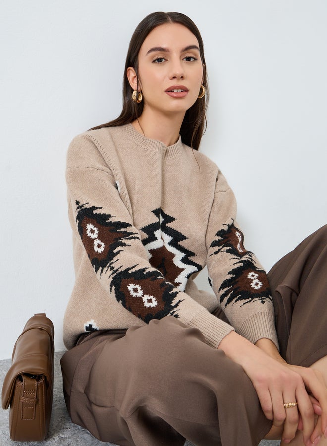 Take Two Beige Tribal Pattern Knit Sweater - Image 1
