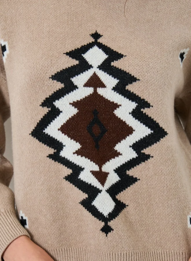 Take Two Take Two Beige Tribal Pattern Knit Sweater