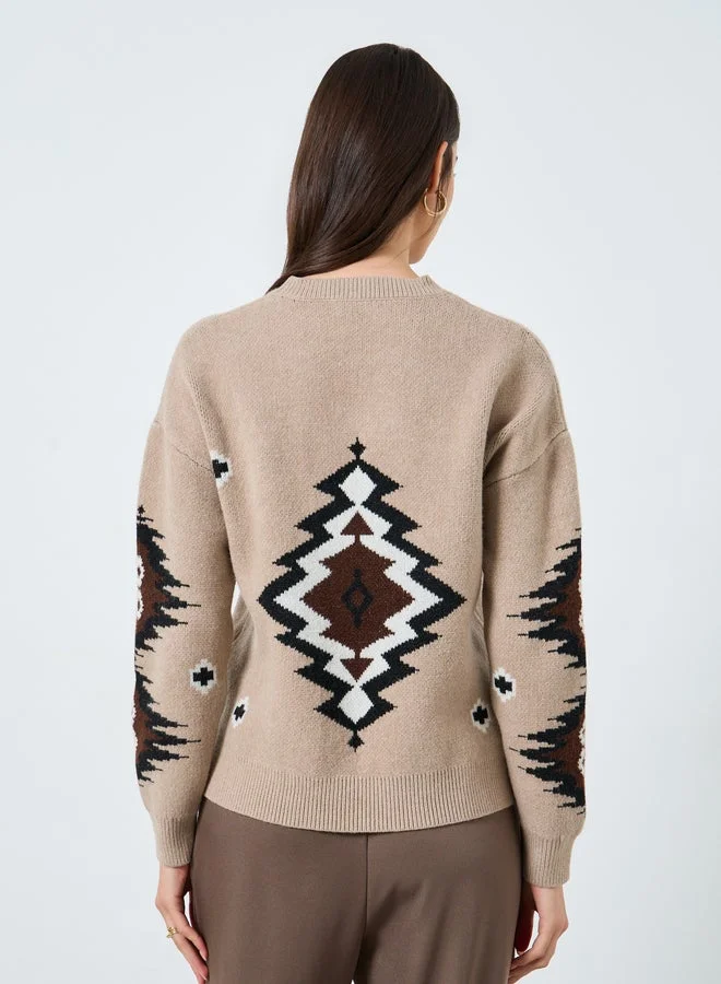 Take Two Take Two Beige Tribal Pattern Knit Sweater