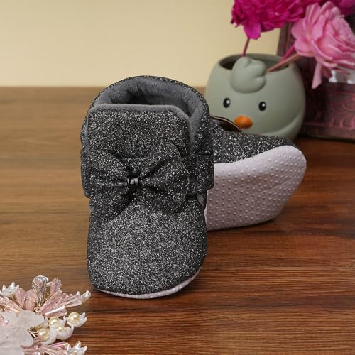Neska Moda 6 To 12 Months Baby Girls Cotton Hook & Loop Bow Booties (Black)-BT1766 - Image 4