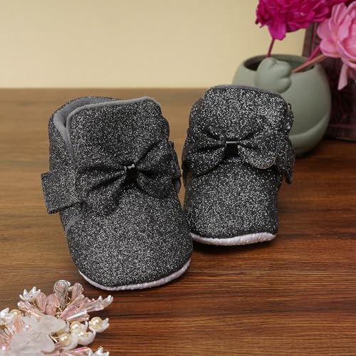 Neska Moda 6 To 12 Months Baby Girls Cotton Hook & Loop Bow Booties (Black)-BT1766 - Image 2
