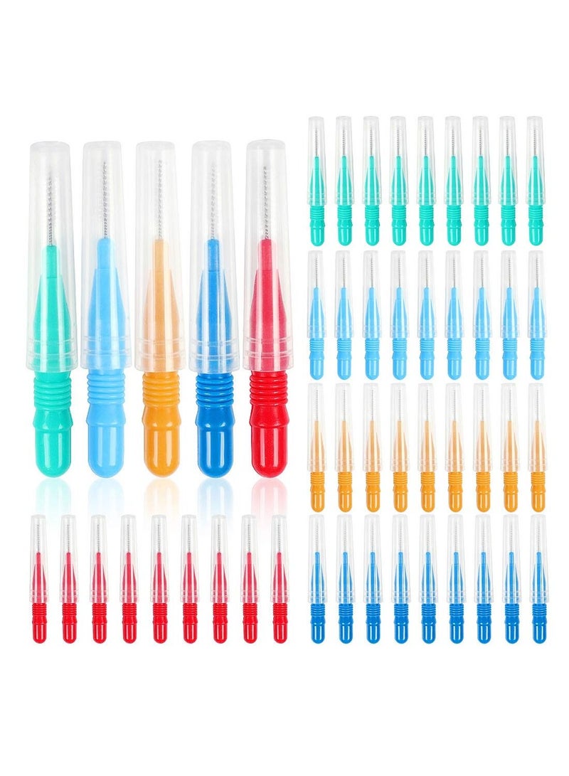 SYOSI Tooth Gap Brush, 50 Pieces of Toothpick Floss Head Oral Hygiene Brush Colored Tooth Gap Brush 0.7-1.2mm Braces Cleaning Brush Clean White (Green, Blue, Orange, Red, Light Blue) - Image 1