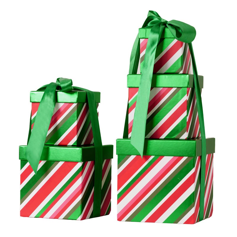 PAPER FAIR 5PCS Christmas Nesting Gift Boxes with Lid Xmas Nested Box Set 5 Sizes Square Stackable Green Red Stripe Paper Box Tower Dcor with Satin Ribbon for Holiday Thanksgiving New Year