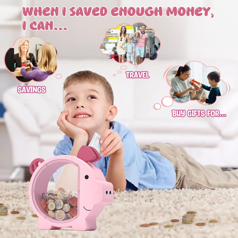 KMC Wooden Piggy Bank for Kids Cute Money Bank for Boys and Girls Clear Wood Money Box Personalized Saving Money Jar, Creative Present for Children Birthday Christmas & Decor (Pink, Standard) - Image 3