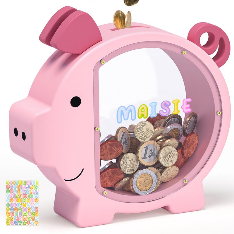 KMC Wooden Piggy Bank for Kids Cute Money Bank for Boys and Girls Clear Wood Money Box Personalized Saving Money Jar, Creative Present for Children Birthday Christmas & Decor (Pink, Standard) - Image 1