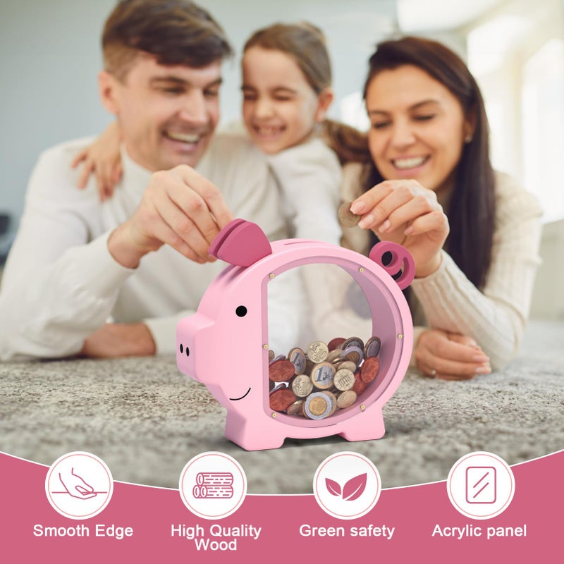 KMC Wooden Piggy Bank for Kids Cute Money Bank for Boys and Girls Clear Wood Money Box Personalized Saving Money Jar, Creative Present for Children Birthday Christmas & Decor (Pink, Standard) - Image 4