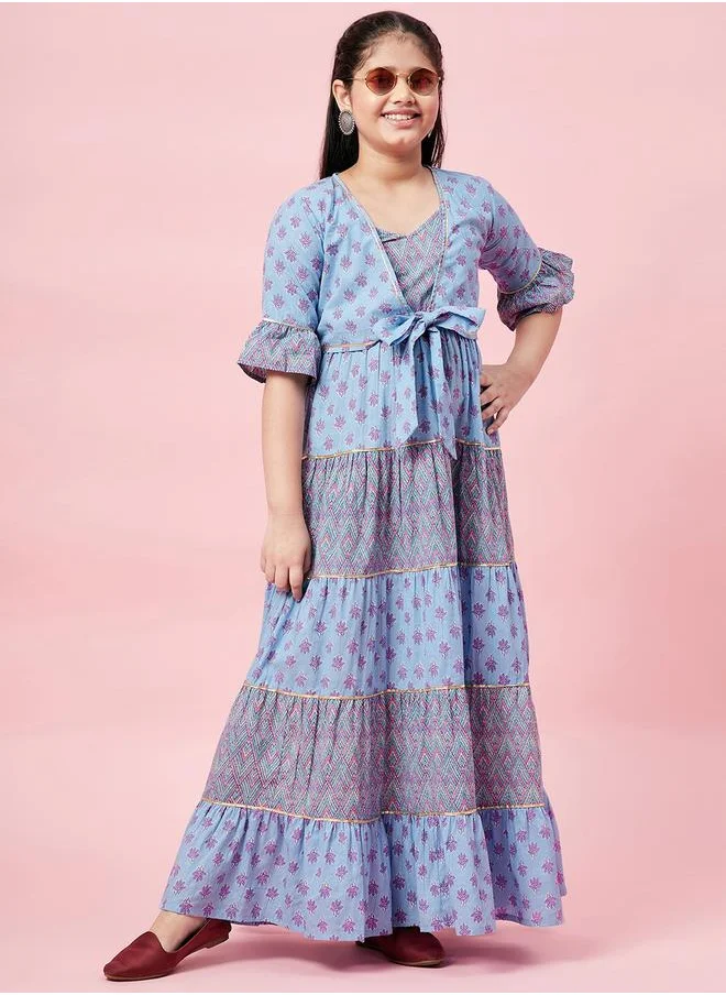 ستايلو بج All Over Printed Tiered Dress with Tie-Up Detail by Styli
