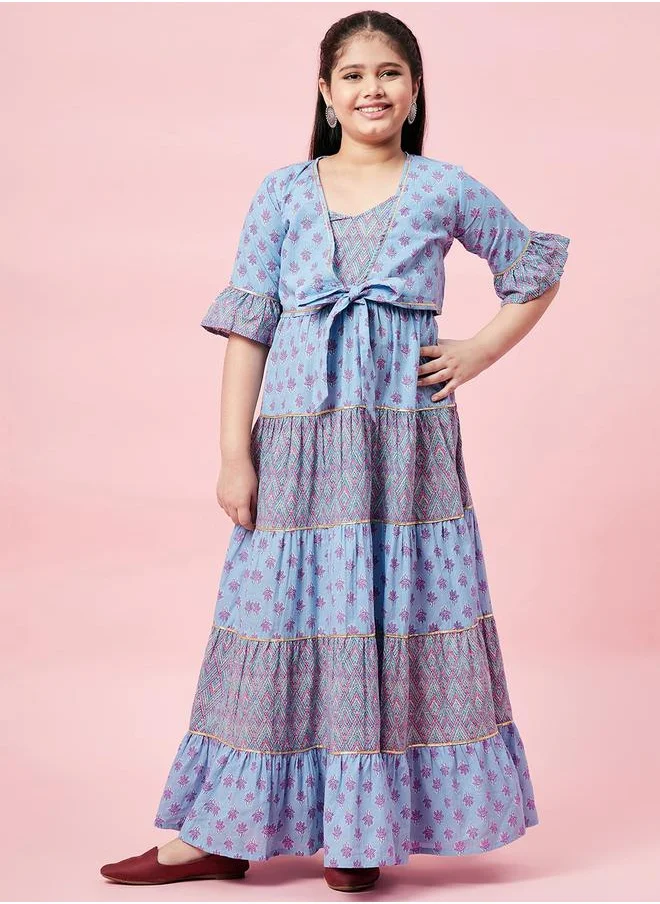 ستايلو بج All Over Printed Tiered Dress with Tie-Up Detail by Styli