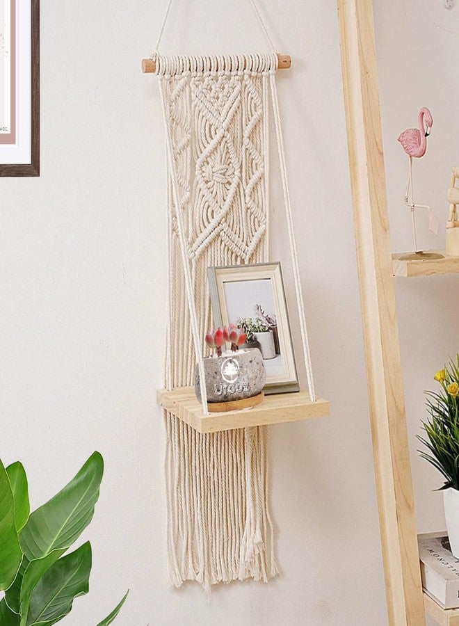 Urooz Macramé Wooden Wall Hanging Shelf |956| Modern Chic Woven Macrame Tapestries, Wall Art Home Decor for Apartment, Dorm, Bedroom, Living Room, Nursery, Party Decorations, 15" Wx 16" H - Image 2