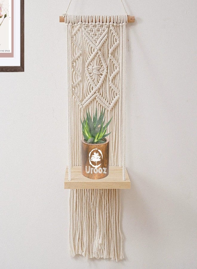 Urooz Macramé Wooden Wall Hanging Shelf |956| Modern Chic Woven Macrame Tapestries, Wall Art Home Decor for Apartment, Dorm, Bedroom, Living Room, Nursery, Party Decorations, 15" Wx 16" H - Image 1