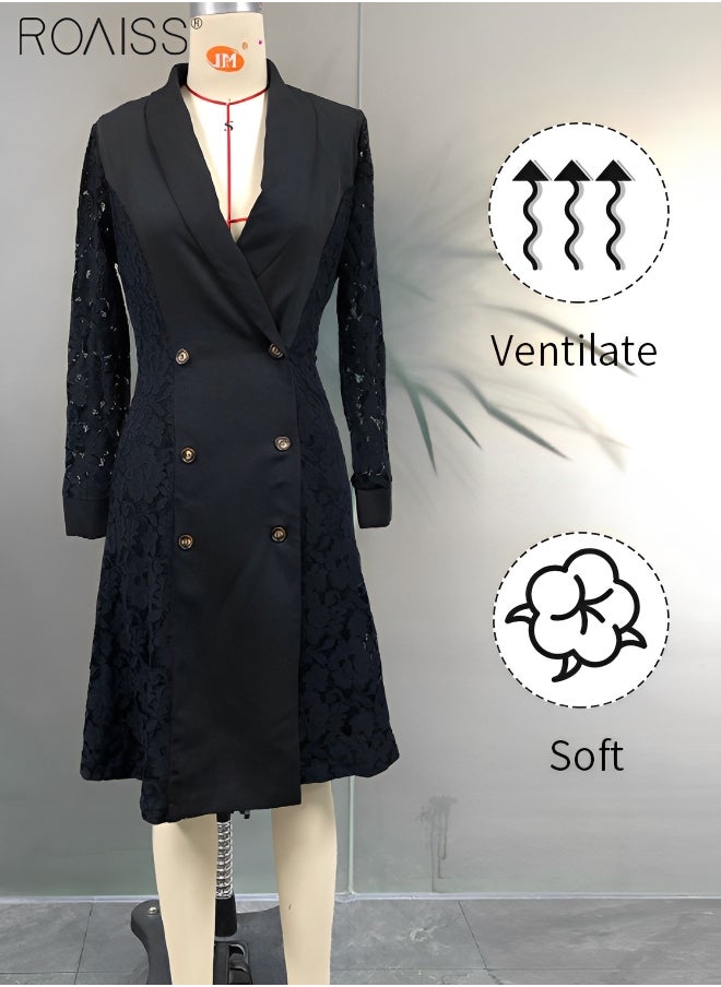 roaiss - Women's Fashion Lace Patchwork Suit Dress Versatile Double Breasted Waistband Design A-Line V-Neck High Rise Dress Elegant Formal Occasion Professional Dress for Ladies Ramadan Eid al-Adha - Image 1