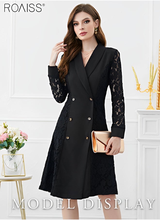 roaiss - Women's Fashion Lace Patchwork Suit Dress Versatile Double Breasted Waistband Design A-Line V-Neck High Rise Dress Elegant Formal Occasion Professional Dress for Ladies Ramadan Eid al-Adha - Image 1