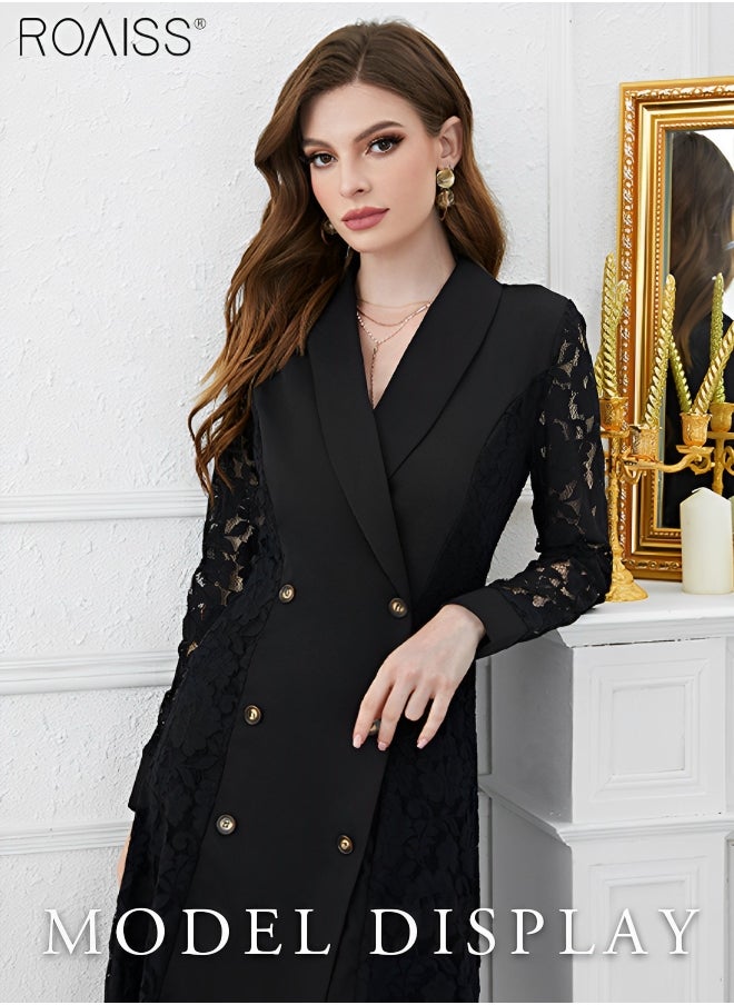 roaiss - Women's Fashion Lace Patchwork Suit Dress Versatile Double Breasted Waistband Design A-Line V-Neck High Rise Dress Elegant Formal Occasion Professional Dress for Ladies Ramadan Eid al-Adha - Image 1