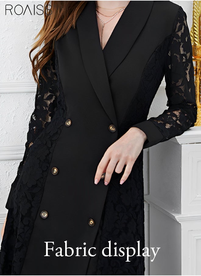 roaiss - Women's Fashion Lace Patchwork Suit Dress Versatile Double Breasted Waistband Design A-Line V-Neck High Rise Dress Elegant Formal Occasion Professional Dress for Ladies Ramadan Eid al-Adha - Image 1