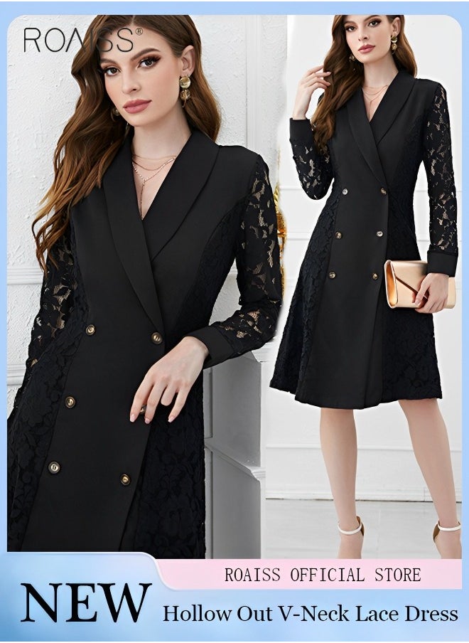 roaiss - Women's Fashion Lace Patchwork Suit Dress Versatile Double Breasted Waistband Design A-Line V-Neck High Rise Dress Elegant Formal Occasion Professional Dress for Ladies Ramadan Eid al-Adha - Image 1