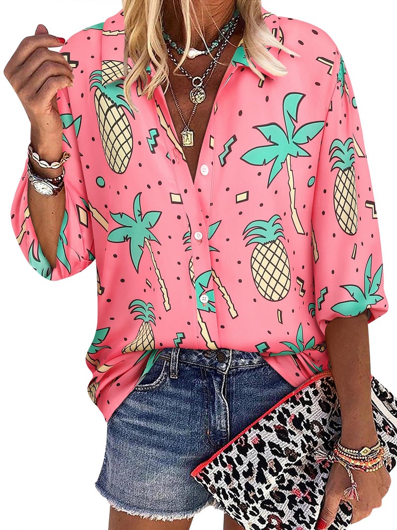 ZXZY Women Pineapple Printed Lapel Collar Half Sleeves Buttons Down Blouse Shirt - Image 1