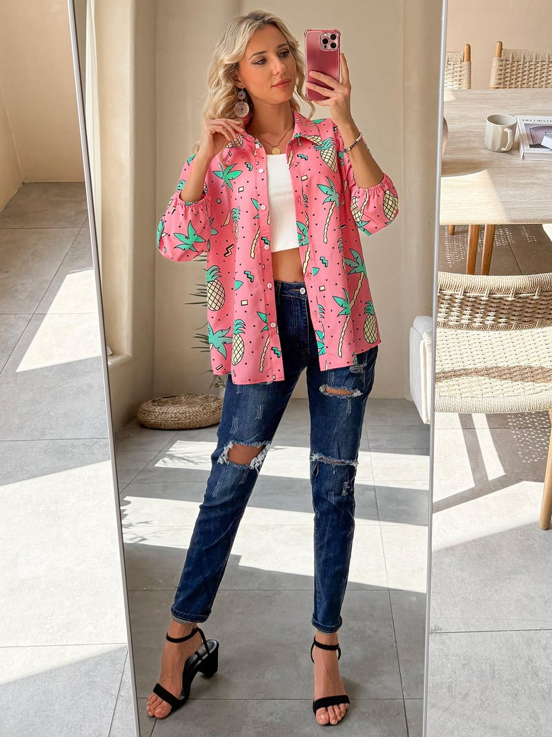 ZXZY Women Pineapple Printed Lapel Collar Half Sleeves Buttons Down Blouse Shirt - Image 4