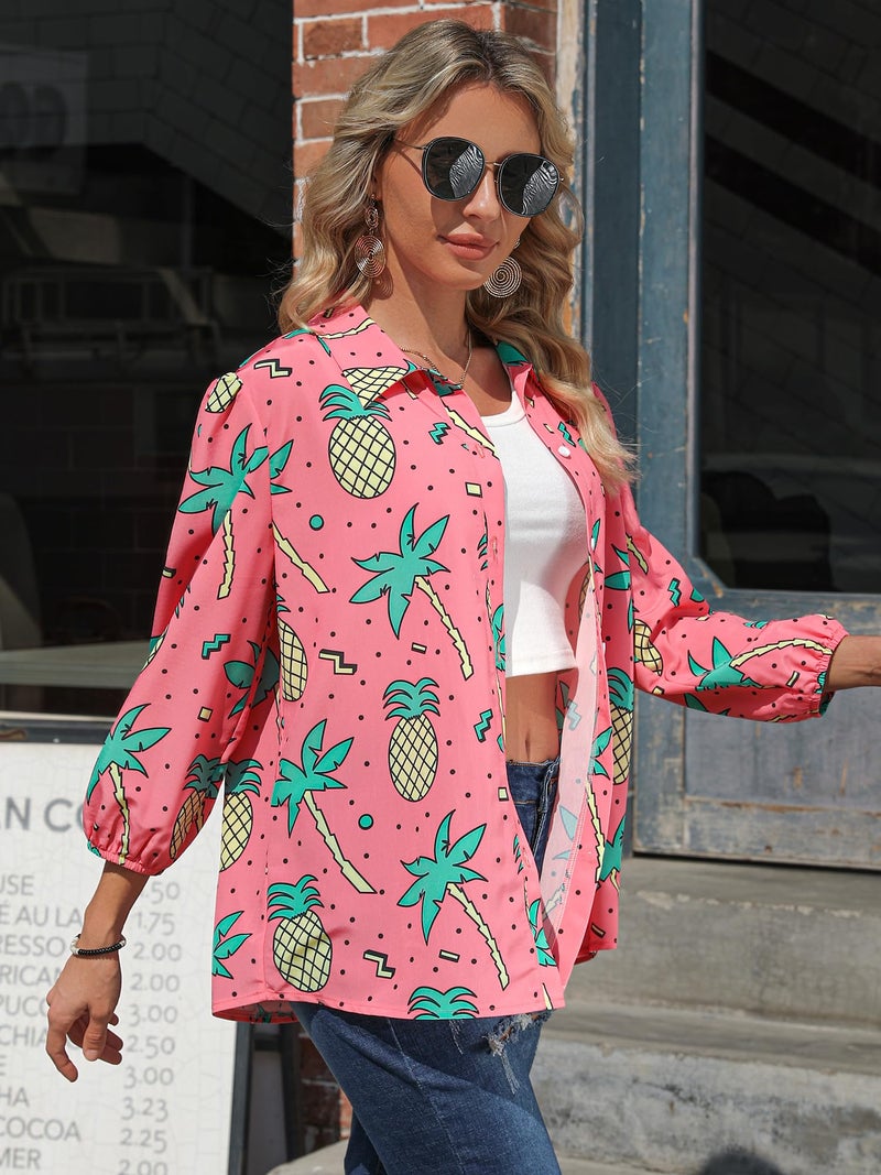 ZXZY Women Pineapple Printed Lapel Collar Half Sleeves Buttons Down Blouse Shirt - Image 3