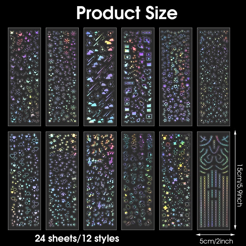 LLOUSSAK 24Sheets Kpop Stickers Holographic, Self Adhesive Glitter Korean Deco Stickers, Clear Laser Kpop Photocard Sticker Bubbles Album Sticker, Cute Kpop Decals for Scrapbook DIY Decoration - Image 2