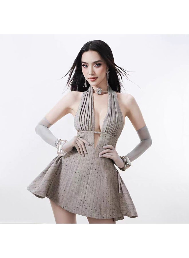 Light Gray Sleeves Women's Solid Color Slim High Waist Street Style Backless Dress