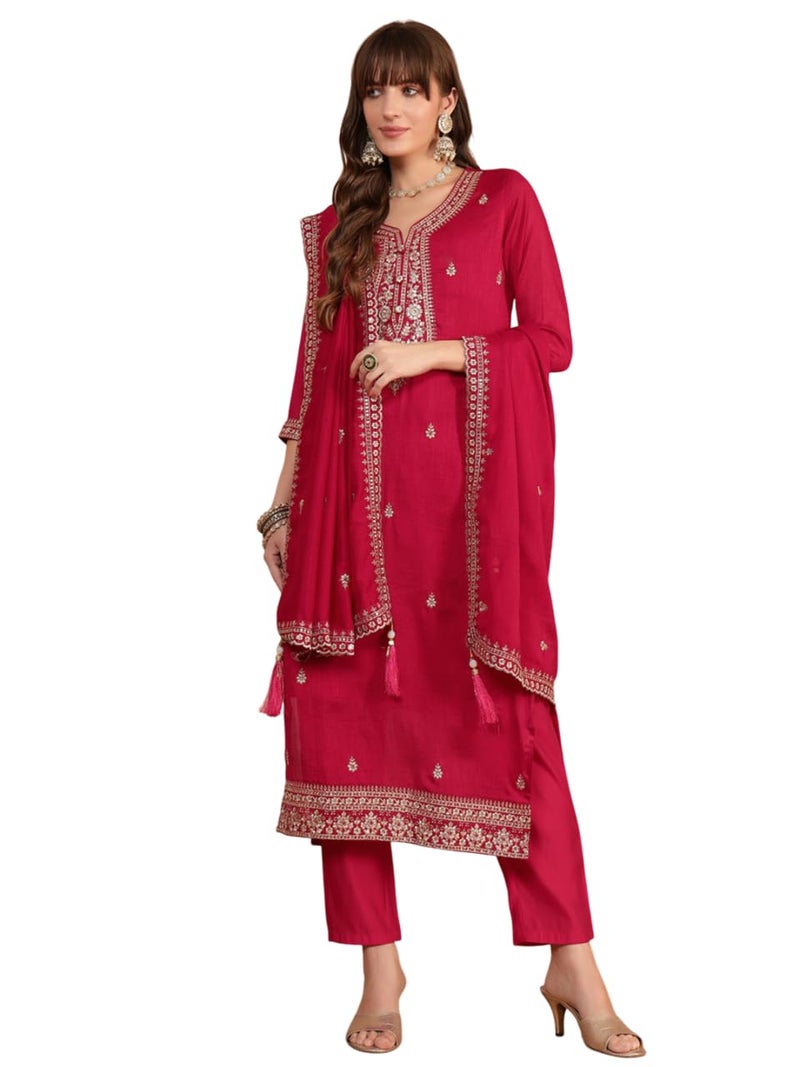 SHOPPING QUEEN Women's Vichitra Silk Embroidered Kurta Set with Dupatta (A662_Dark Purple_XL) - Image 1