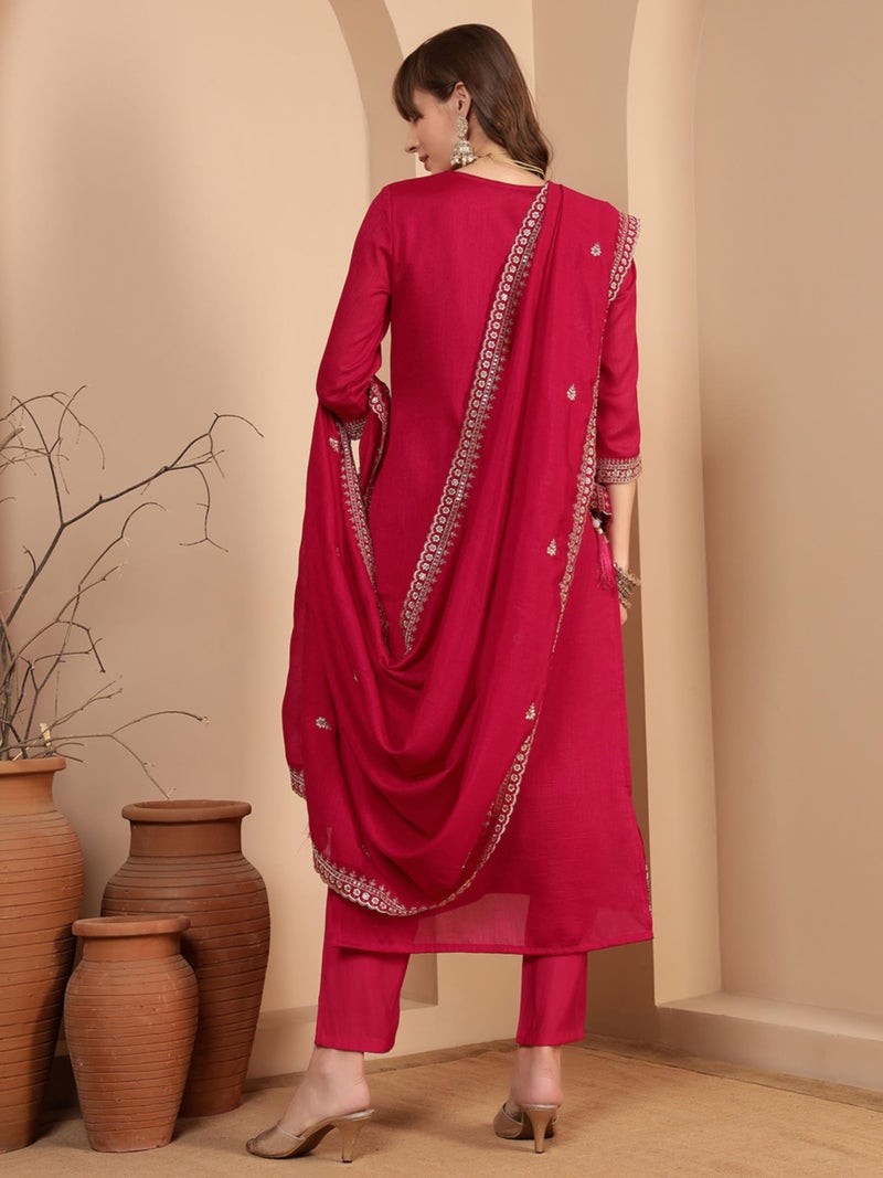 SHOPPING QUEEN Women's Vichitra Silk Embroidered Kurta Set with Dupatta (A662_Dark Purple_XL) - Image 2