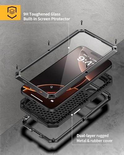 Lanhiem for iPhone 16 Pro Max Case, Metal Heavy Duty Shockproof Tough Rugged Case with Built-in Glass Screen Protector, 360 Full Body DustProof Strong Protective Phone Case for 16 Pro Max 6.9", Black - Image 2