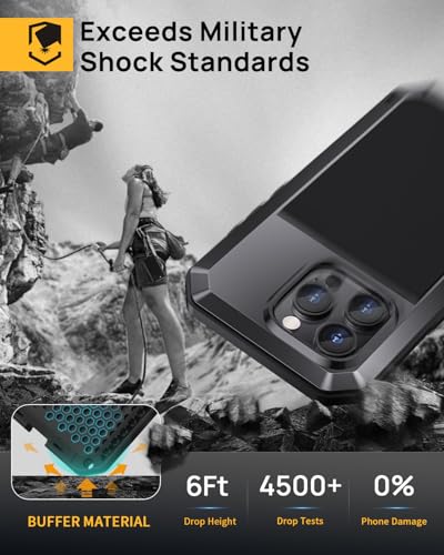 Lanhiem for iPhone 16 Pro Max Case, Metal Heavy Duty Shockproof Tough Rugged Case with Built-in Glass Screen Protector, 360 Full Body DustProof Strong Protective Phone Case for 16 Pro Max 6.9", Black - Image 3