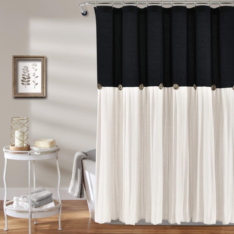 Lush Decor Linen Button Shower Curtain 72 W x 72 L Black Off White Black Shower Curtain Fabric Bathroom Curtain Farmhouse Bathroom Decor