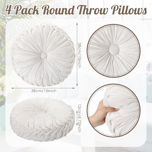 Beeveer 4 Pcs Round Throw Pillows 15 Inch Decorative Velvet Pleated Pumpkin Pillows Boho Floor Pillow with Center Button for Living Room Couch Chair Bed Sofa Home Decoration Ivory - Image 3