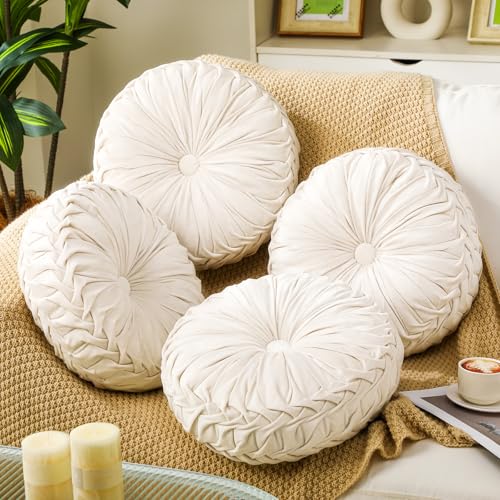 Beeveer 4 Pcs Round Throw Pillows 15 Inch Decorative Velvet Pleated Pumpkin Pillows Boho Floor Pillow with Center Button for Living Room Couch Chair Bed Sofa Home Decoration Ivory - Image 1