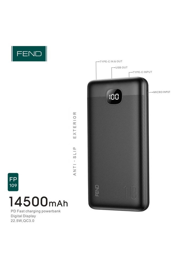 FEND FP109 14500mAh Power Bank | 22.5W Fast Charging Portable Battery Pack | Dual USB Output with Digital LED Display | Compact Lightweight Design for Smartphones, Tablets & Devices – Black - Image 4