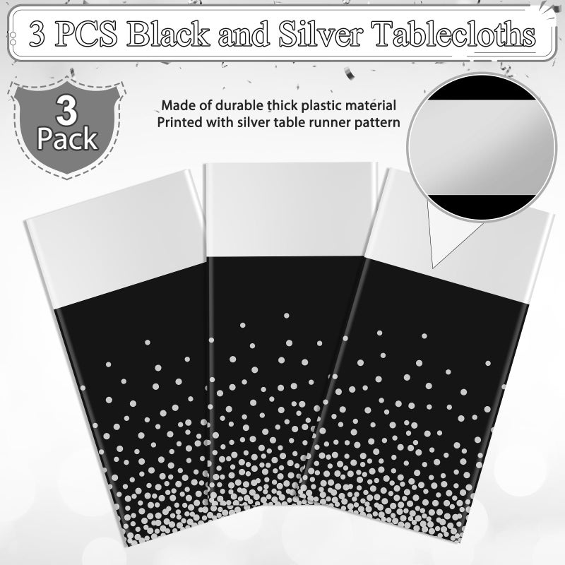 MASHAN 3Pcs Black and Silver Tablecloth Party Decorations,Plastic Black Table Cloth Printed Silver Table Runner Disposable Rectangle Table Cover for Birthday Anniversary Wedding Graduation Party,54 x108 Inch - Image 4