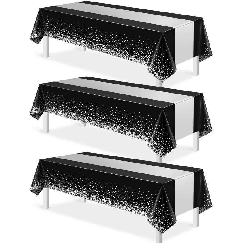 MASHAN 3Pcs Black and Silver Tablecloth Party Decorations,Plastic Black Table Cloth Printed Silver Table Runner Disposable Rectangle Table Cover for Birthday Anniversary Wedding Graduation Party,54 x108 Inch - Image 1