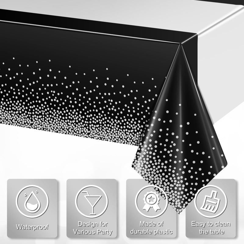 MASHAN 3Pcs Black and Silver Tablecloth Party Decorations,Plastic Black Table Cloth Printed Silver Table Runner Disposable Rectangle Table Cover for Birthday Anniversary Wedding Graduation Party,54 x108 Inch - Image 3