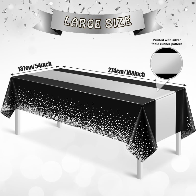 MASHAN 3Pcs Black and Silver Tablecloth Party Decorations,Plastic Black Table Cloth Printed Silver Table Runner Disposable Rectangle Table Cover for Birthday Anniversary Wedding Graduation Party,54 x108 Inch - Image 2