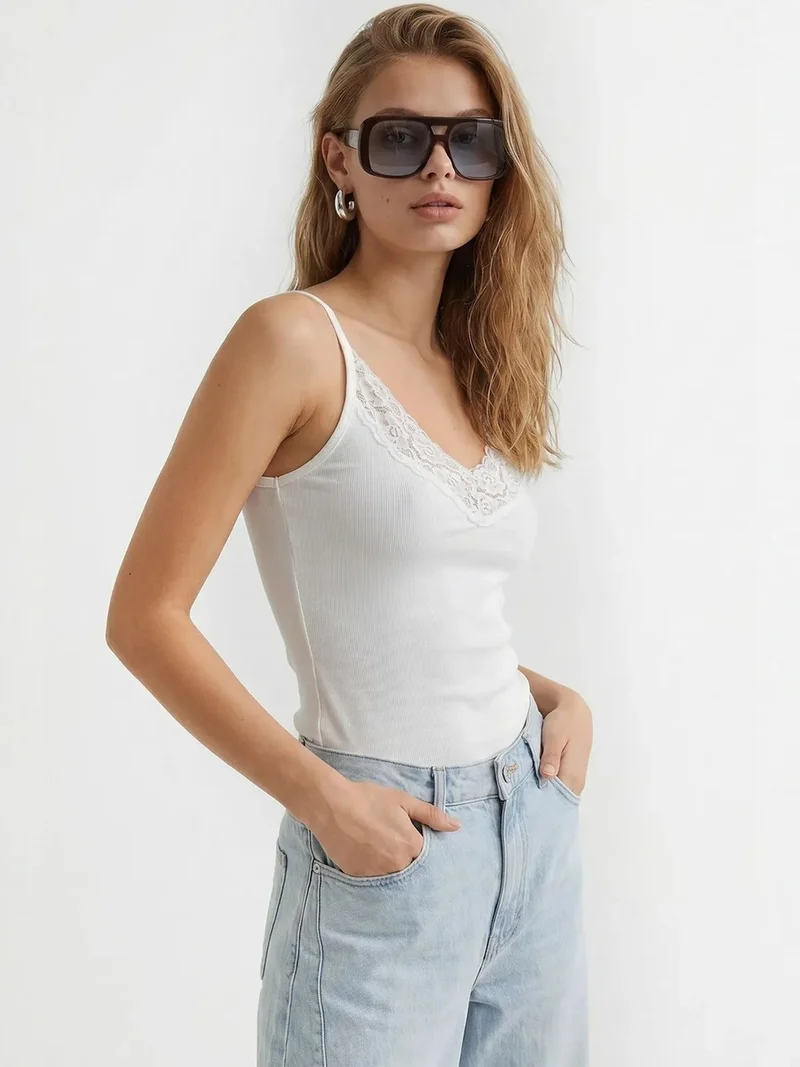 Mixray White MIXRAY Fitted Viscose Lace Cami Top for Women | Best Price UAE
