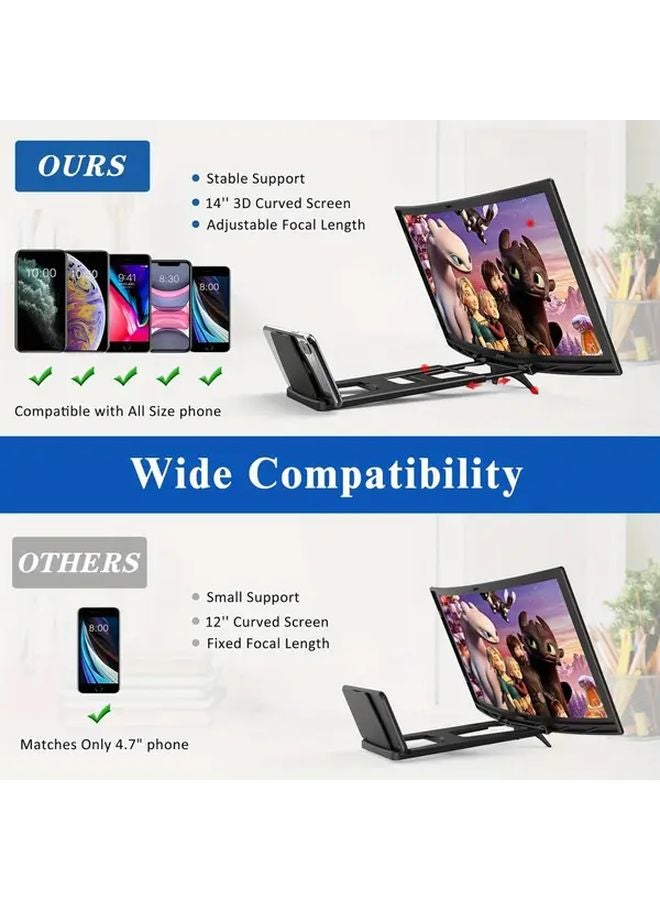 مكبر شاشة منحني ثلاثي الأبعاد عالي الدقة مقاس 14 بوصة باللون الأسود مع حامل قابلة للطي للهواتف الذكية - Image 4