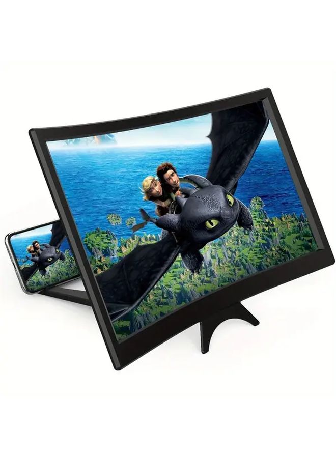 مكبر شاشة منحني ثلاثي الأبعاد عالي الدقة مقاس 14 بوصة باللون الأسود مع حامل قابلة للطي للهواتف الذكية - Image 1