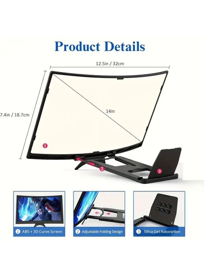 مكبر شاشة منحني ثلاثي الأبعاد عالي الدقة مقاس 14 بوصة باللون الأسود مع حامل قابلة للطي للهواتف الذكية - Image 3