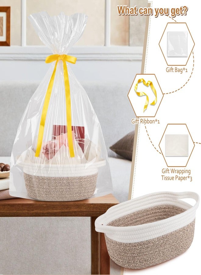 OIAHOMY Gift Basket Empty with Handle, 12"x 8"x 5" Small Woven Basket with Gift Bag, Ribbon and Wrap Tissue Paper, Dog Toy Storage for Organizing - Brown & White - Image 2