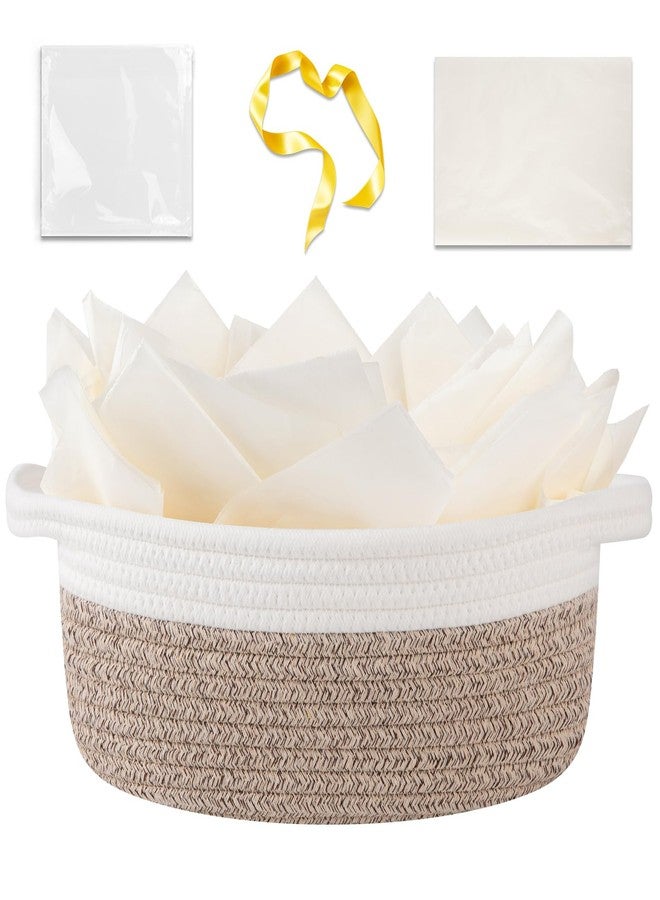 OIAHOMY Gift Basket Empty with Handle, 12"x 8"x 5" Small Woven Basket with Gift Bag, Ribbon and Wrap Tissue Paper, Dog Toy Storage for Organizing - Brown & White - Image 1