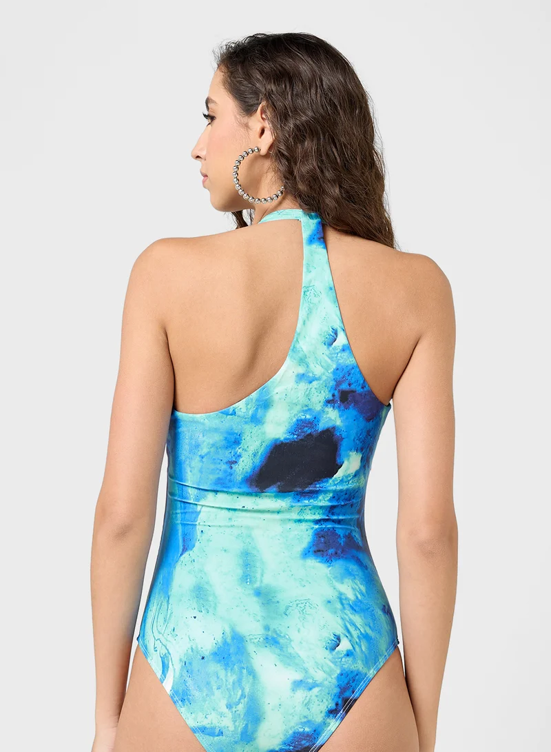 Ginger Tie Dye Print One Shoulder Front Cutout Detail Swimsuit