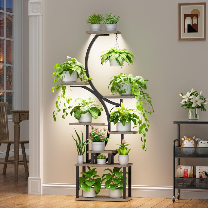 BACEKOLL Plant Stand Indoor with Grow Lights - 62" Tall Plant Shelf, Lighted Corner Plant Stands for Indoor Growing, 8 Tiered Large Flower Holder, S-Shaped Decorative Rack for Living Room, Patent Design, Grey - Image 2