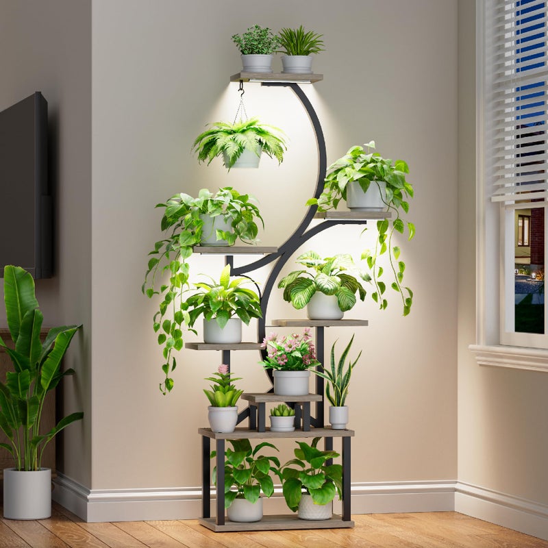 BACEKOLL Plant Stand Indoor with Grow Lights - 62" Tall Plant Shelf, Lighted Corner Plant Stands for Indoor Growing, 8 Tiered Large Flower Holder, S-Shaped Decorative Rack for Living Room, Patent Design, Grey - Image 1