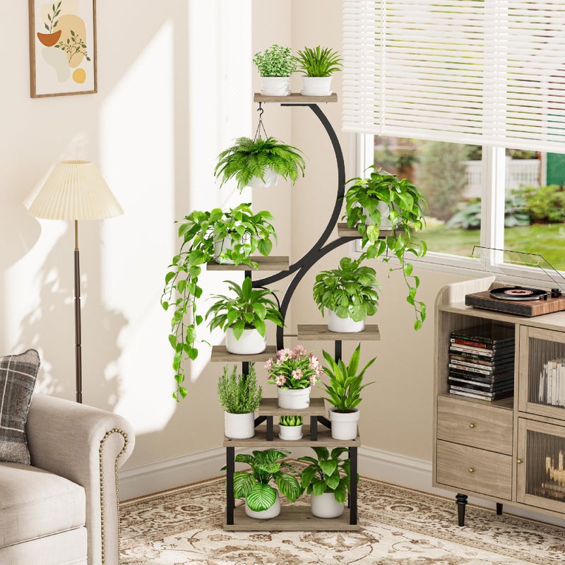 BACEKOLL Plant Stand Indoor with Grow Lights - 62" Tall Plant Shelf, Lighted Corner Plant Stands for Indoor Growing, 8 Tiered Large Flower Holder, S-Shaped Decorative Rack for Living Room, Patent Design, Grey - Image 5